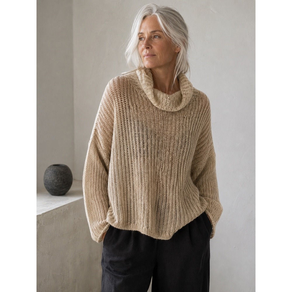 Eileen Fisher Mohair Blend Open Chunky Knit Turtle Cowl Neck XL Oversized Cozy